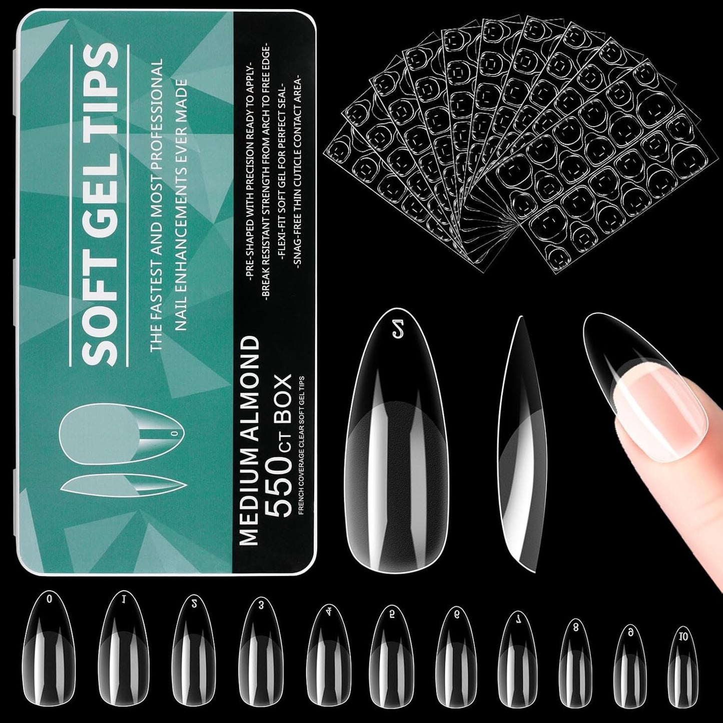 Alyvisun Ballet nageltips, 500 stuks volledig dekkende acryl nageltips met 240 stuks nagelstickers set, 10 maten transparante gelnageltips Zachte gelnageltips Ballerina nageltips