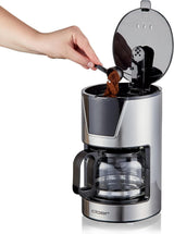 Cloer Filter-espressomachine voor 6 kopjes, zachte warmhoudfunctie, glazen karaf, maatlepel, waterniveau-indicator, antidruppelsysteem, automatische uitschakeling, filtermaat 1x2, 550W, roestvrij staal
