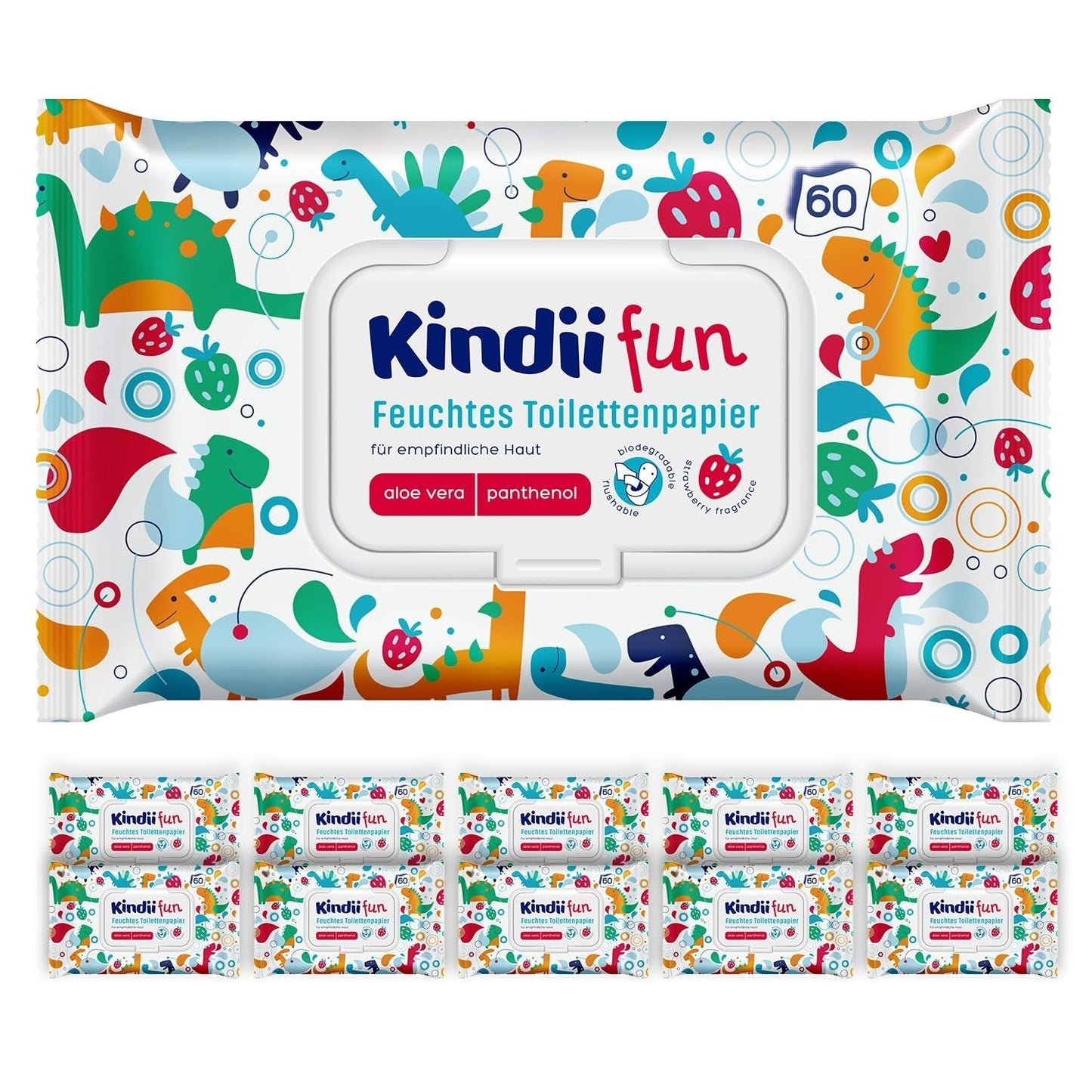 Kindii Fun Nat Toiletpapier - (10X60 stuks) Nat Toiletpapier - Kamille, Aloë Vera, Ph-neutraal, Watervast, Verfrist de intieme zone - 600 stuks