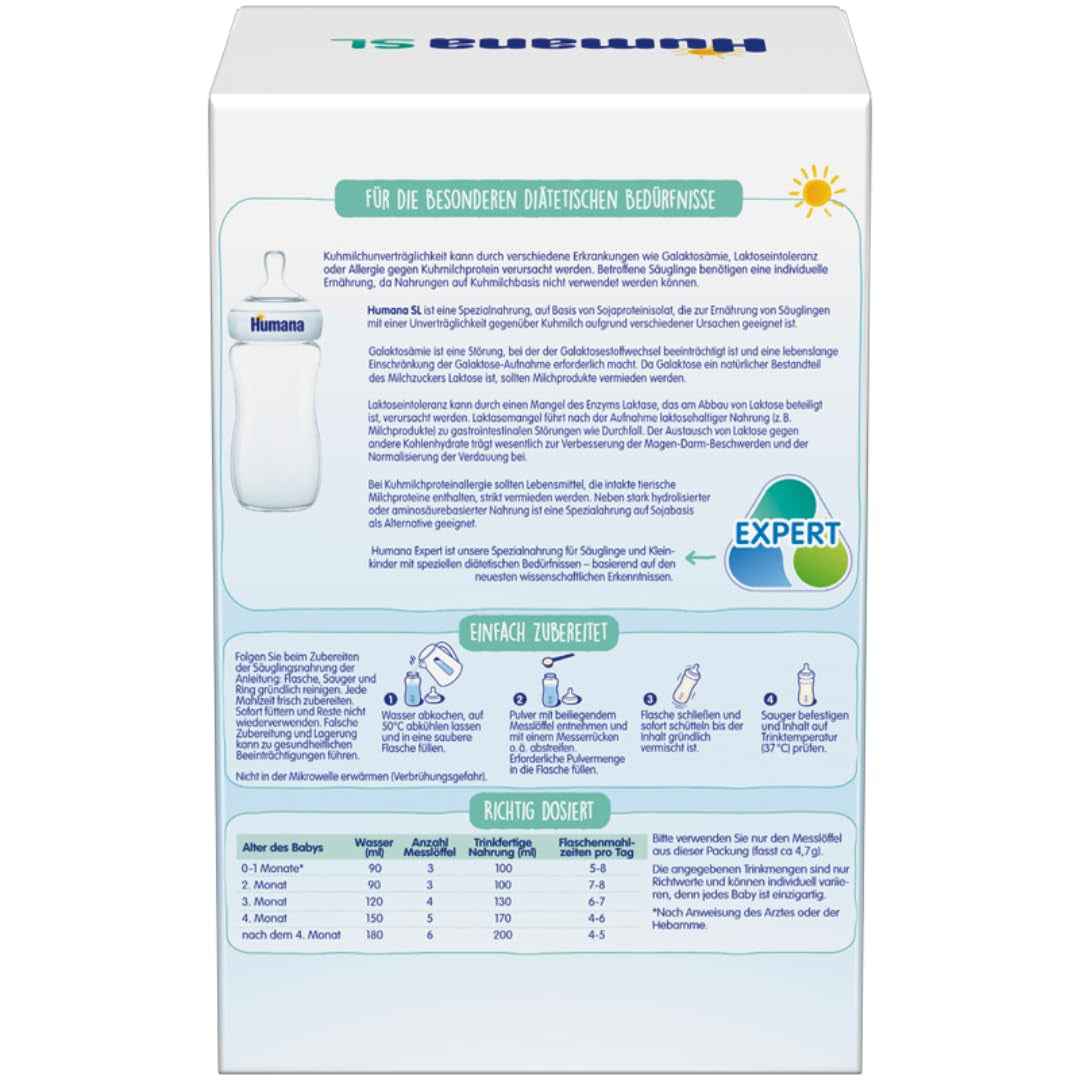 Humana SL Expert, vanaf de geboorte, speciale formule voor koemelkintolerantie veroorzaakt door lactose-intolerantie, galactosemie of koemelkeiwitallergie, voor zuigelingen en jonge kinderen, 600 g