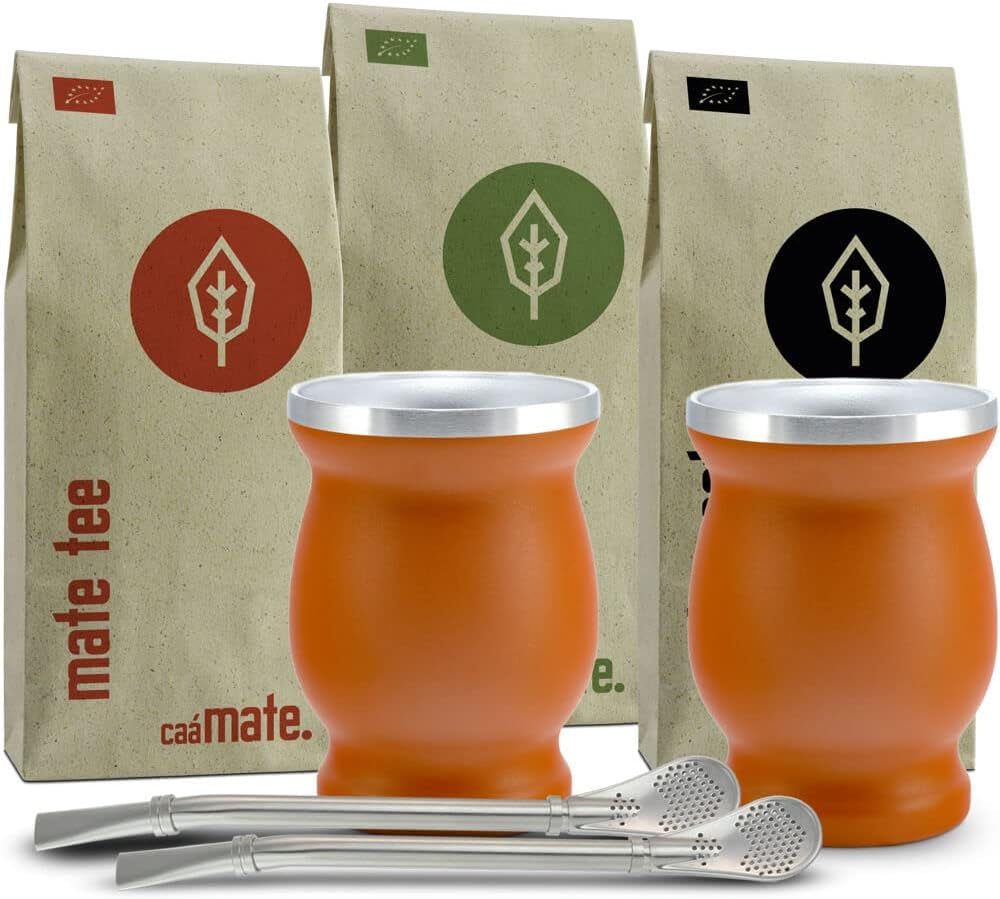 Mate Bio-theeservies ● 3 Mate-assortimenten + 2 dubbelwandige roestvrijstalen Mate-bekers + 2 bombilla's + zetinstructies (zwart)
