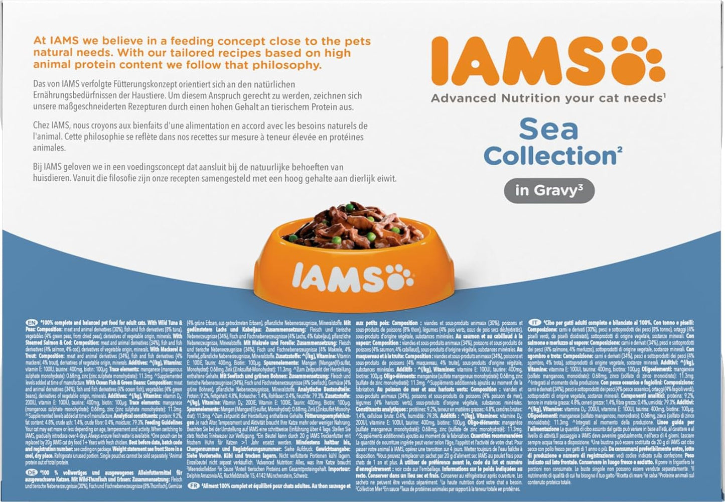 IAMS Delights Sea Collection Katzenfutter Nass - Multipack met vissortering (Lachs, Thunfisch, Makreel, Seefisch) in saus, Nassfutter für Katzen vanaf 1 jaar, 12 x 85 g