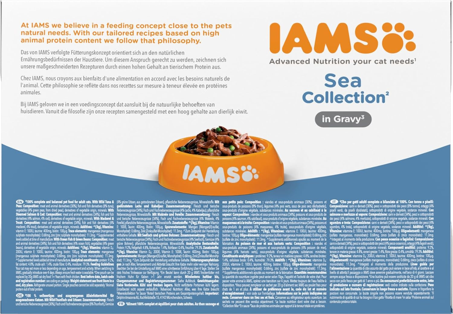 IAMS Delights Sea Collection Katzenfutter Nass - Multipack met vissortering (Lachs, Thunfisch, Makreel, Seefisch) in saus, Nassfutter für Katzen vanaf 1 jaar, 12 x 85 g