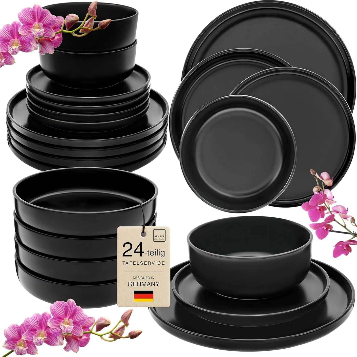SÄNGER Madeira | 24-delige combinatieserviesset, 6-persoons aardewerken serviesset, 6 dinerborden, 6 ontbijtborden, 6 dinerborden, 6 pastakommen, servies en schalenset, matzwart | DE WAARDE-COLLECTIE