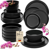SÄNGER Madeira | 24-delige combinatieserviesset, 6-persoons aardewerken serviesset, 6 dinerborden, 6 ontbijtborden, 6 dinerborden, 6 pastakommen, servies en schalenset, matzwart | DE WAARDE-COLLECTIE