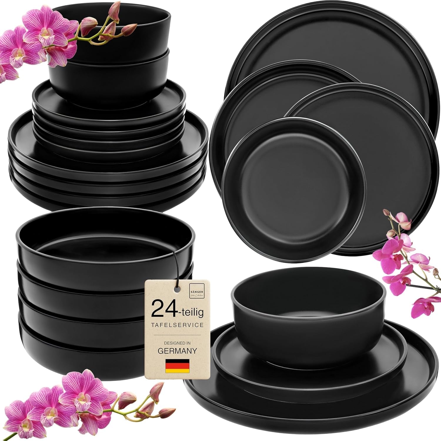 SÄNGER Madeira | 24-delige combinatieserviesset, 6-persoons aardewerken serviesset, 6 dinerborden, 6 ontbijtborden, 6 dinerborden, 6 pastakommen, servies en schalenset, matzwart | DE WAARDE-COLLECTIE