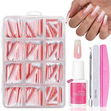Kunstnagels set - 240 stuks Franse nepnagels lijm op - roze wit gradiënt ontwerp kunstnagels volledige dekking zachte gel natuurlijk en comfortabel om te dragen (roze amandel)