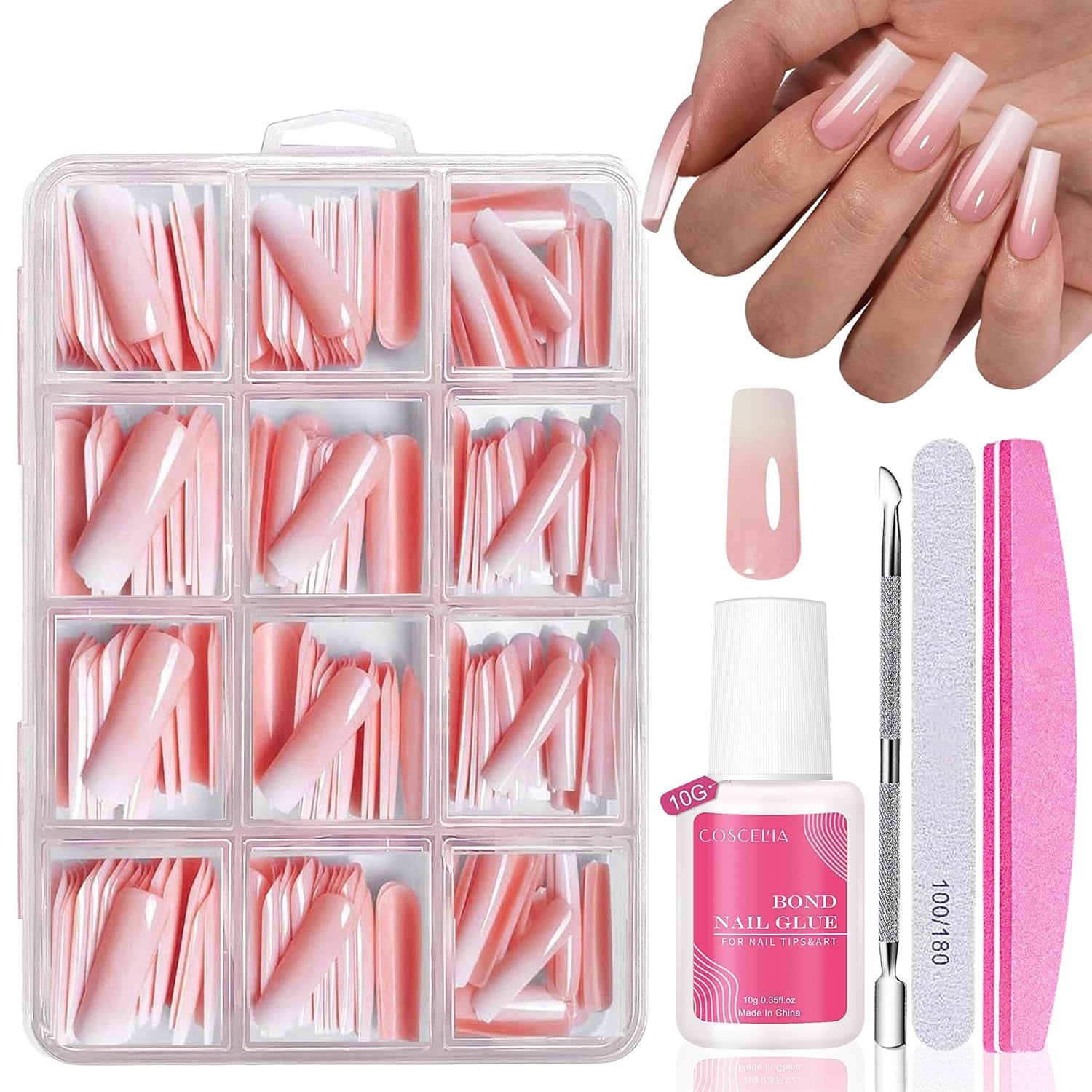 Kunstnagels set - 240 stuks Franse nepnagels lijm op - roze wit gradiënt ontwerp kunstnagels volledige dekking zachte gel natuurlijk en comfortabel om te dragen (roze amandel)