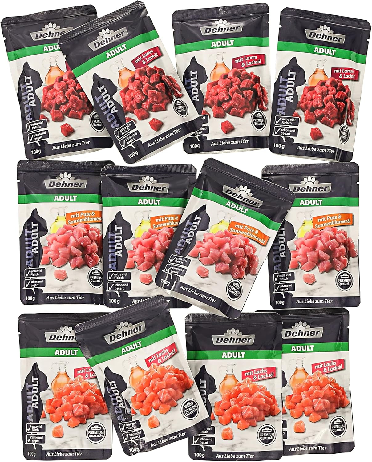 Dehner Premium natvoer voor katten, multipack, volwassen katten, elk 4 stuks: lamsvlees / kalkoen / zalm, 12 zakken x 100 g (1,2 kg)