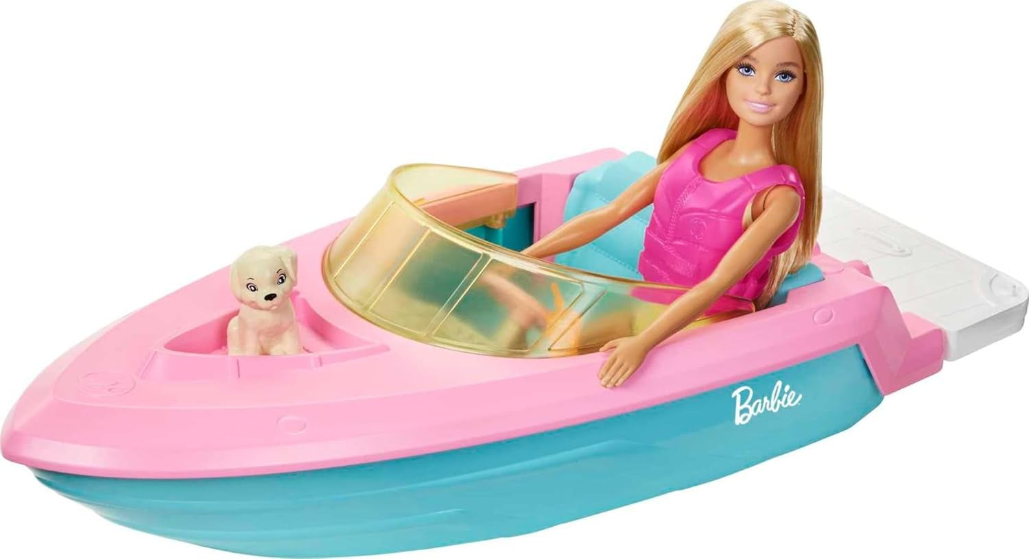 Barbie Speedbootset, Barbie-pop met blond haar, roze zwemvest, boot, puppy, accessoires, cadeaus voor 3+, Grg30 Naty Shop-poppen