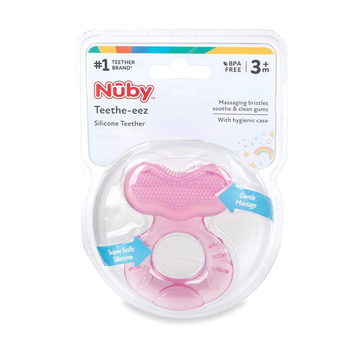Nuby Teethe-eez Zachte siliconen bijtring | Siliconen bijthulpmiddel met gestructureerd oppervlak voor het masseren van tandvlees | Inclusief hygiënische hoes | Roze | Vanaf 3 maanden