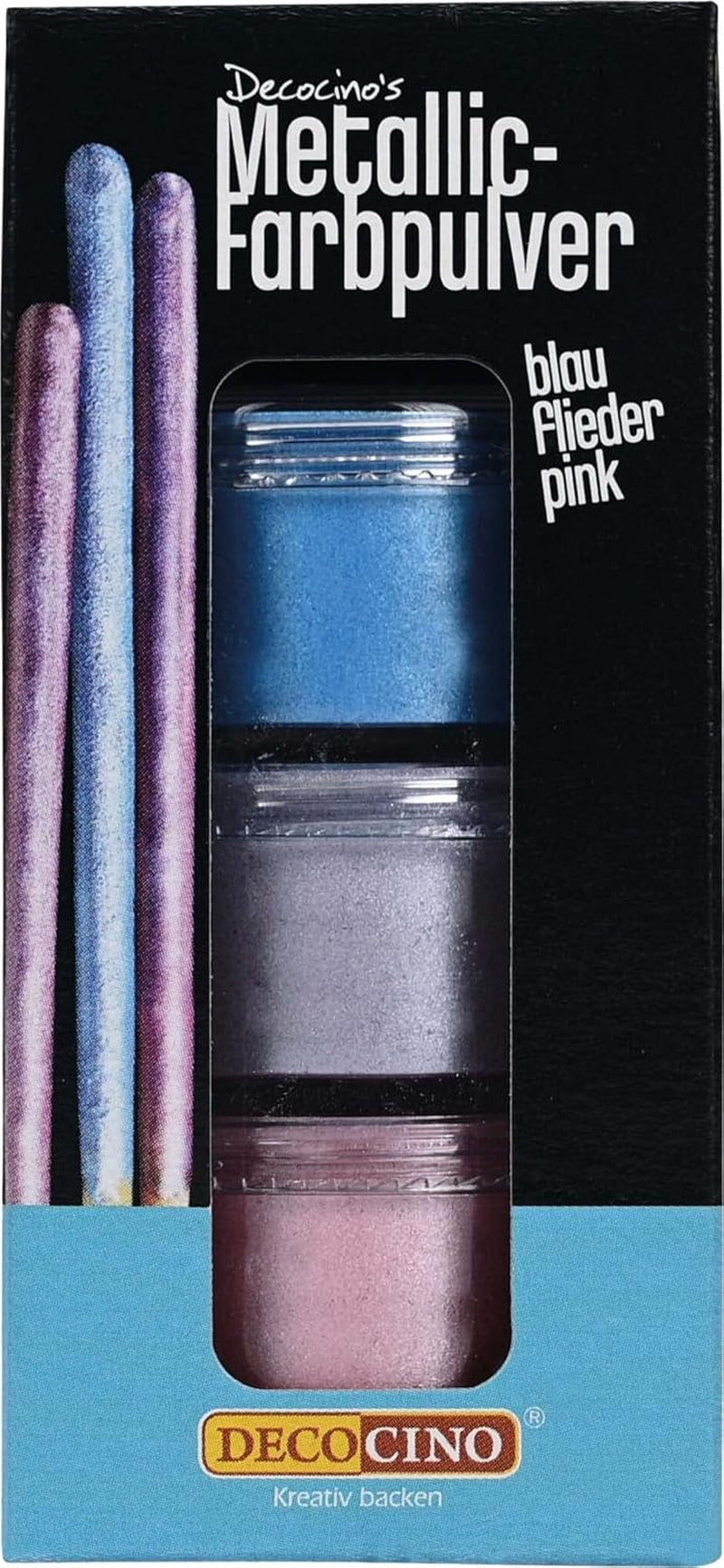 DECOCINO Metallic pastelkleurpoeder (3X2G) – Blauw, Lila en Roze – Kleurstofpoeder voor levensmiddelen – Glitterpoeder Geschikt voor fondant als taartversiering en taartdecoratie!