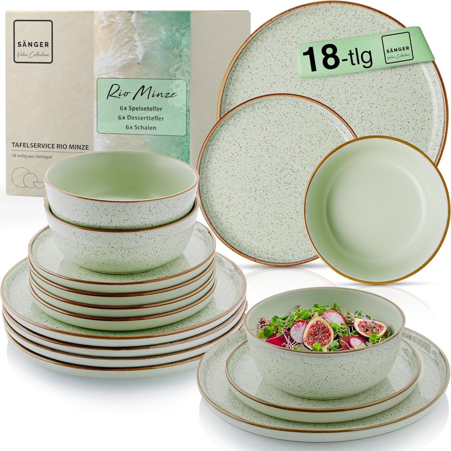 SÄNGER Rio Munt | Serviesset van steengoed voor 6, 6 borden, 6 dessertborden, 6 kommen, mintgroen | DE WAARDE-COLLECTIE
