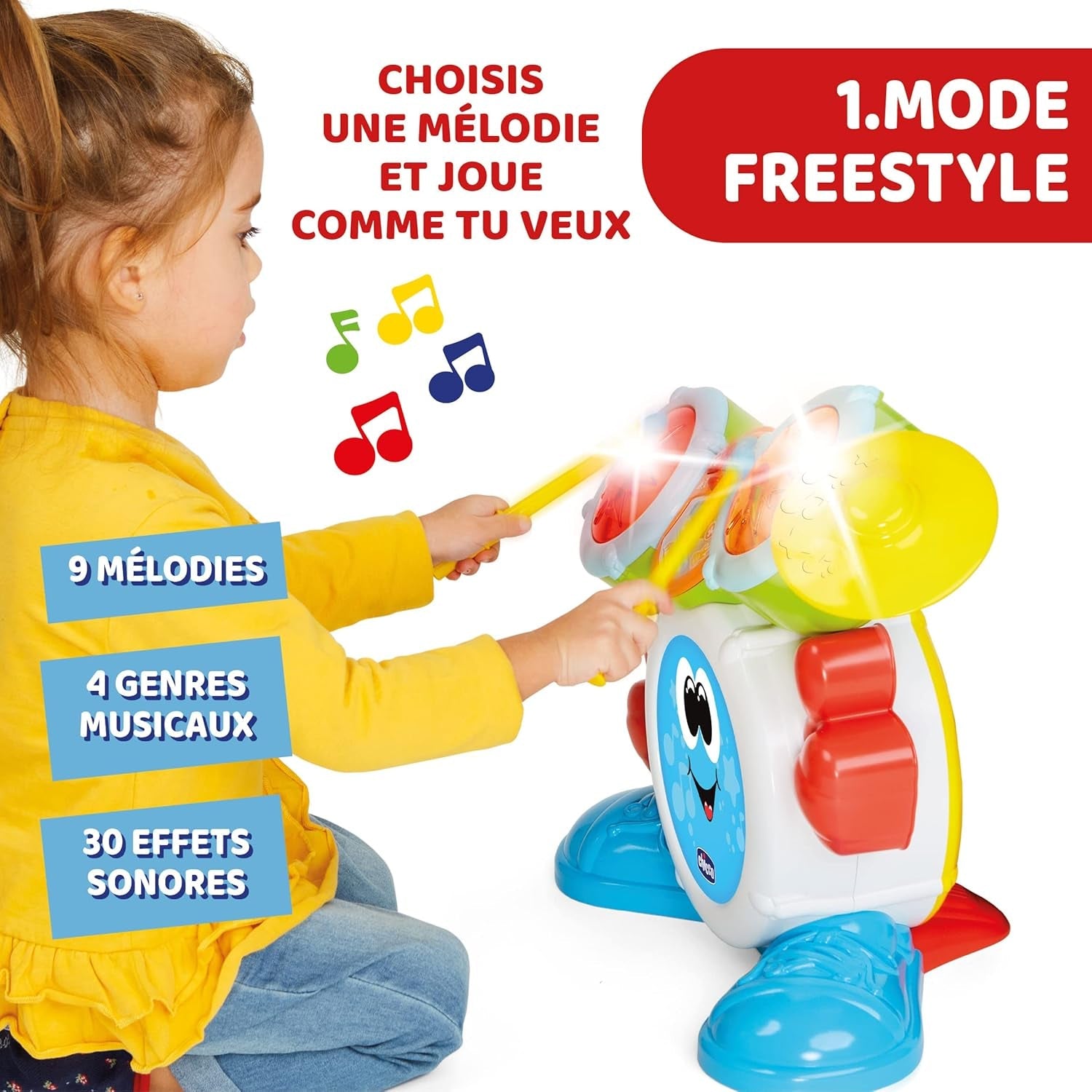 Chicco 00009820100000 Mi First Drumset met licht en geluid, 3 speelmodi Muziekinstrument met batterij voor kinderen, veelkleurig, groot Jucarii Bebe Naty Shop