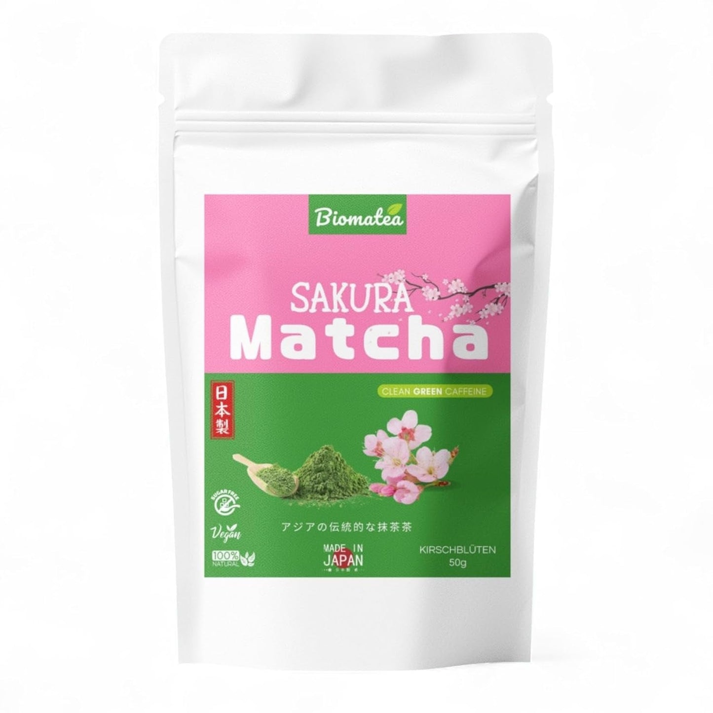 Sakura Matcha Thee 50g - Ceremoniële kwaliteit uit Japan - Premium groene thee met Sakura-bloempoeder - Eerste oogst, steengrond, veganistisch, geen additieven