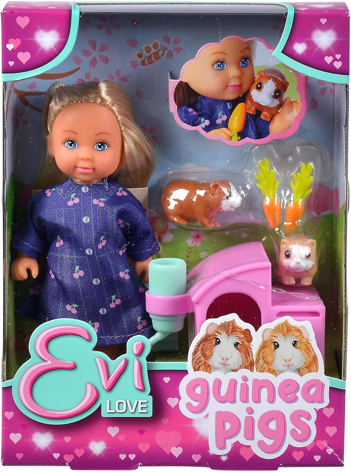 Simba Evi Love cavia's speelpop met twee cavia's en huis, waterfles en wortels, 12 cm, vanaf 3 jaar