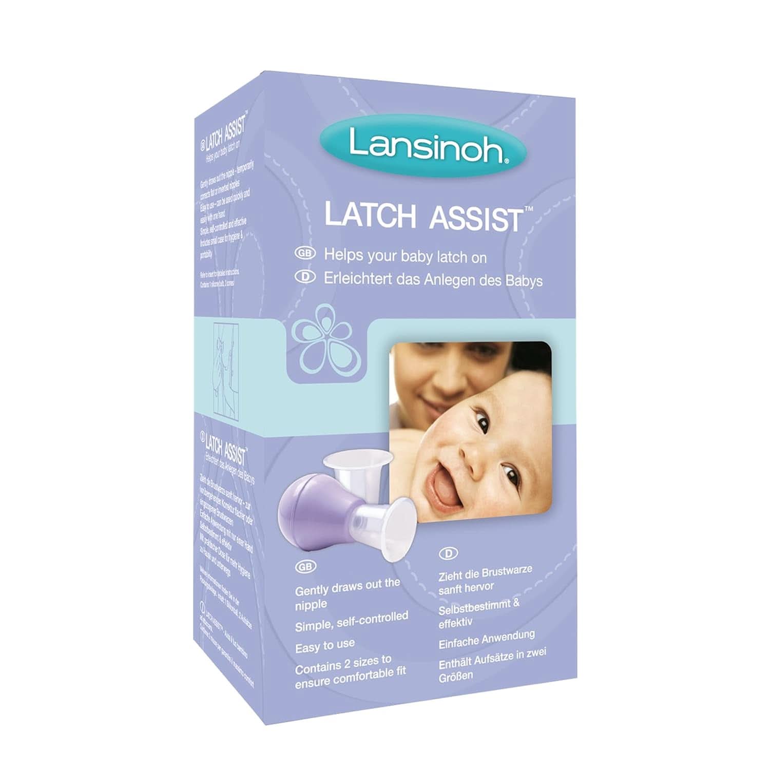 Lansinoh Latch Assist Nipple Everter met etui voor moeders die borstvoeding geven, biedt tijdelijke correctie van platte of ingetrokken tepels, 2 maatkegels in de verpakking en hygiënisch draagtasje Borstvoedingsaccessoires Bebe Naty Shop Latch Assist