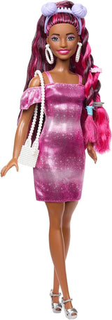 Barbie-pop Leuk stijlvol haar met extra lang kleurrijk zwart haar en sprankelend roze jurkje 10 kapsel- en mode-accessoires JDC86