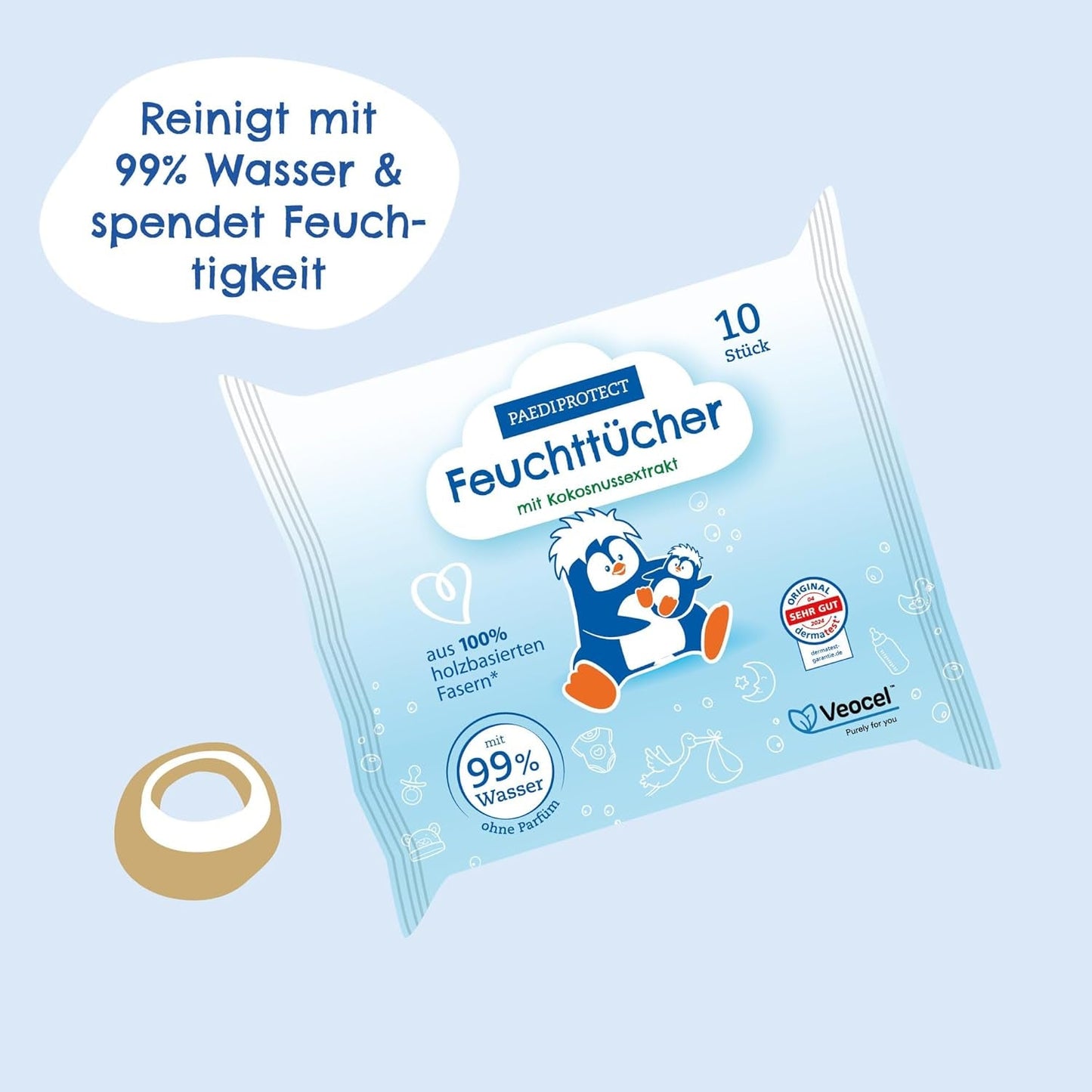 PAEDIPROTECT Babydoekjes 1 x 10 stuks Gevoelige babywaterdoekjes 99% water Geurvrij Baby en kinderen Gevoelige huid Kokosextract Microplasticvrij Veganistisch (5-pack)