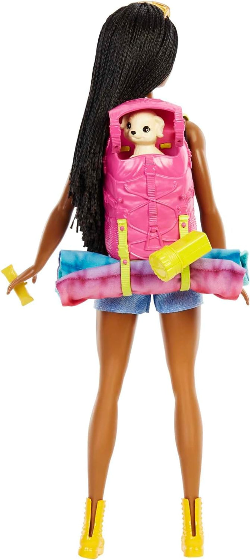 Barbie HDF74 Twinpack-pop! Brooklyn Camping Doll (Brunette met gevlochten staartjes, ca. 29 cm) met puppy, rugzak, slaapzak, 10 kampeeraccessoires, cadeau voor kinderen vanaf 3 jaar