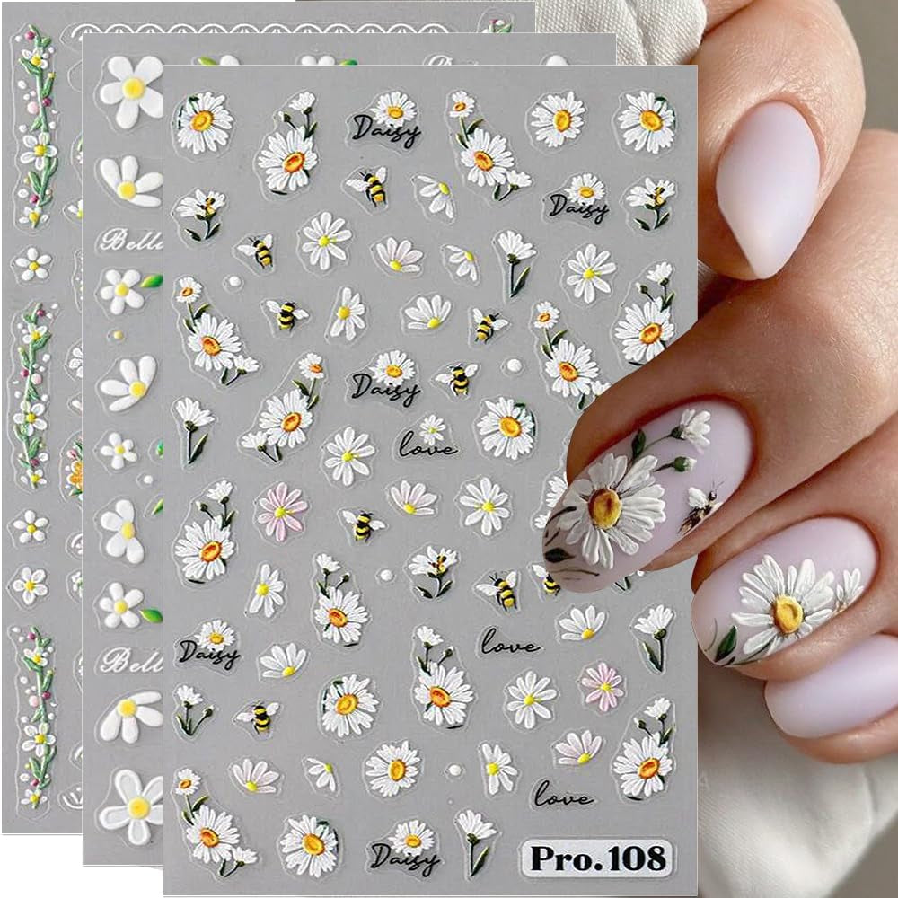 5 Stuks Geprägte Gänseblümchen Nagelsticker Selbstklebend Blumen Nagelaufkleber Gänseblümchen Schmetterling Nagel Sticker Nageldesign Aufkleber Nägel Zubehör Blume Nail Sticker Flower Nail Art Stickers
