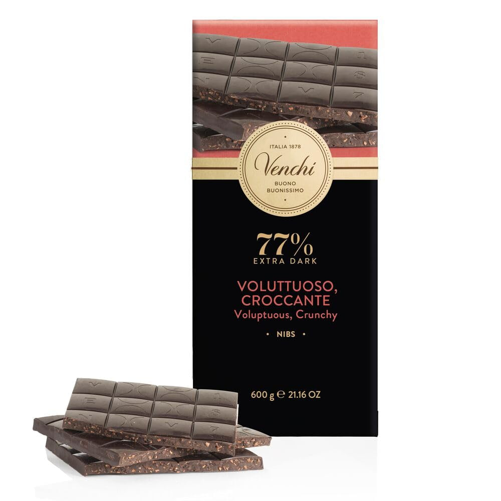 Venchi - Bar Maxi 77% Nibs, met extra pure chocolade, stukjes cacaobonen, 600 g, glutenvrij, zonder kleurstoffen en zonder bewaarmiddelen