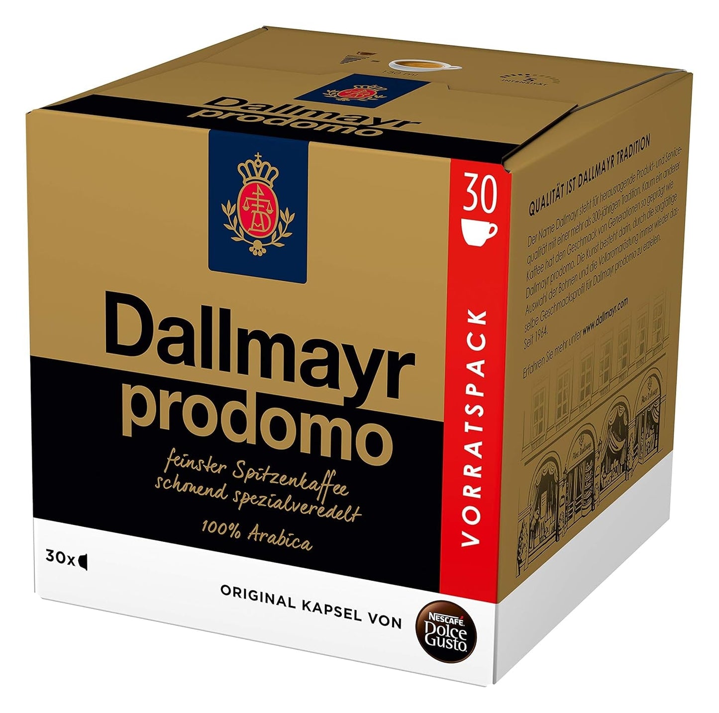 NESCAFÉ Dolce Gusto Dallmayr Prodomo, XXL-Vorratsbox, 90 Kaffeekapseln (3 x 30 Kapseln) & Dallmayr Crema d'Oro Caffè Latte (48 Kaffeekapseln, 48 Getränke, cremig&ausgefungen) 3er-pakket (3 x 16 Kapseln)
