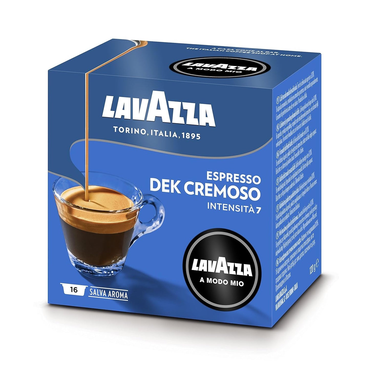 Lavazza A Modo Mio Dek Cremoso, 256 koffiecapsules, voor cafeïnevrije espresso met aromatische tonen van amandelen en canditis, 100% Arabica, intensiteit 7/13, medium gebrand, 16 pakjes