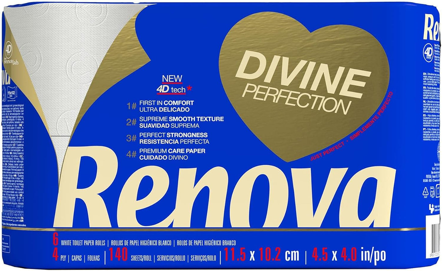 Renova Renova Divine Perfection toiletpapier, 42 rollen, premium toiletpapier, 4-laags, ultrazacht, extra sterk, dik, zacht en absorberend, FSC-gecertificeerd papier, 4400G