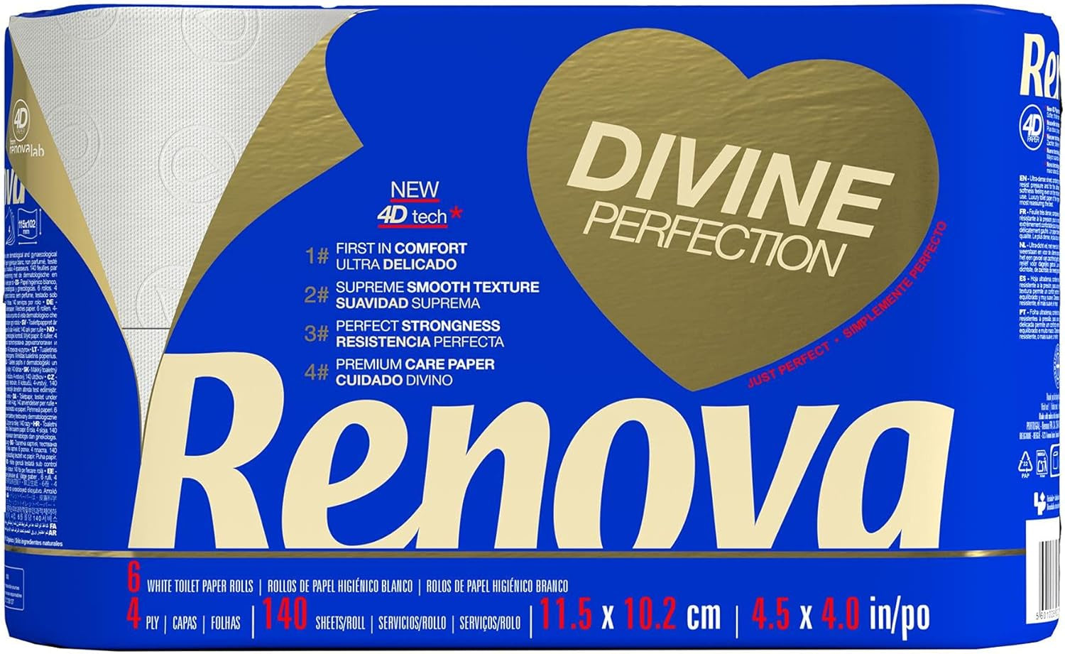Renova Renova Divine Perfection toiletpapier, 42 rollen, premium toiletpapier, 4-laags, ultrazacht, extra sterk, dik, zacht en absorberend, FSC-gecertificeerd papier, 4400G