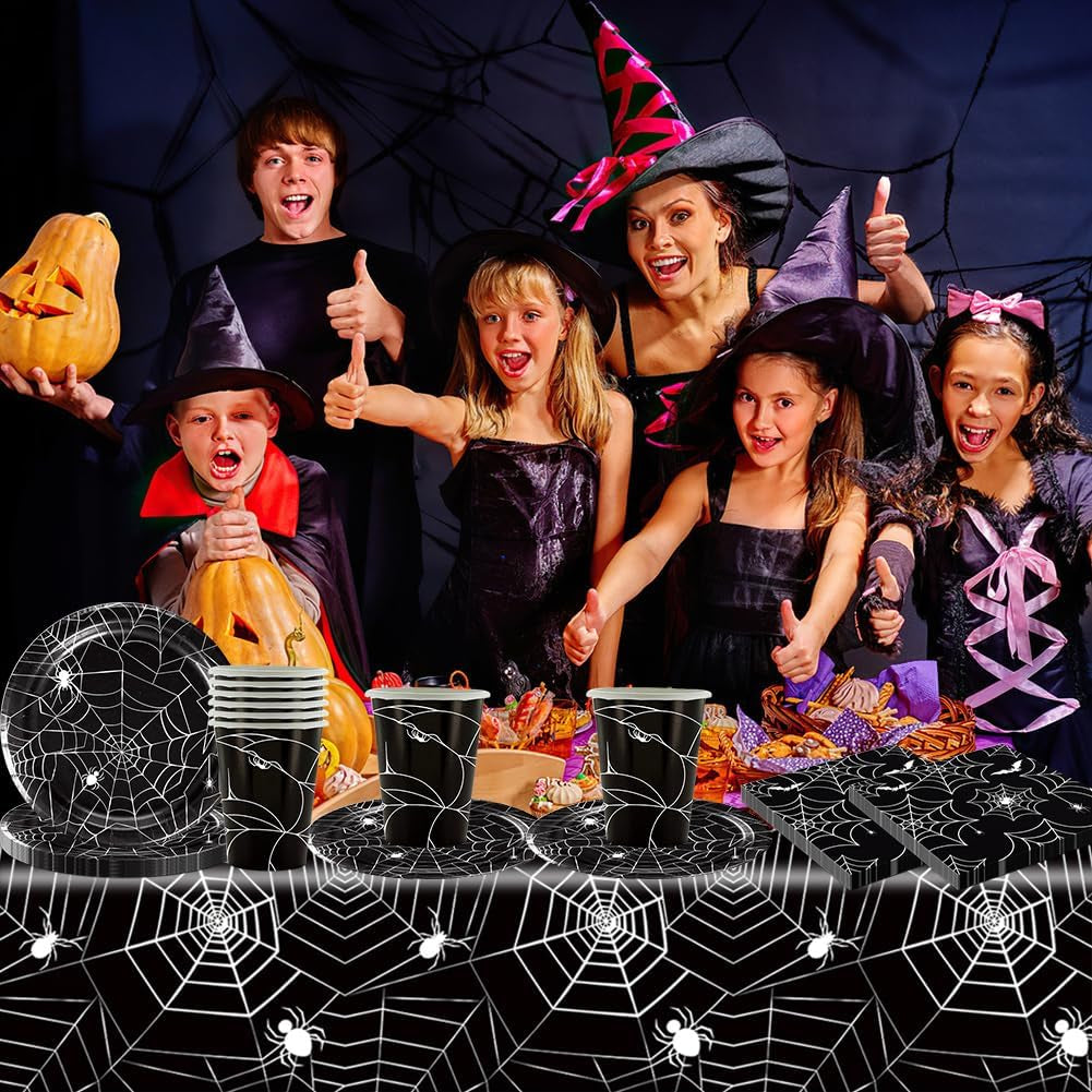49-delige Halloween Spider papieren bestekset inclusief borden, servetten, glazen en tafelkleed. Zwart servies bestaande uit dessertborden, servetten en glazen.