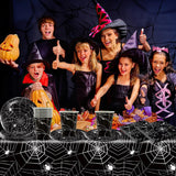 49-delige Halloween Spider papieren bestekset inclusief borden, servetten, glazen en tafelkleed. Zwart servies bestaande uit dessertborden, servetten en glazen.