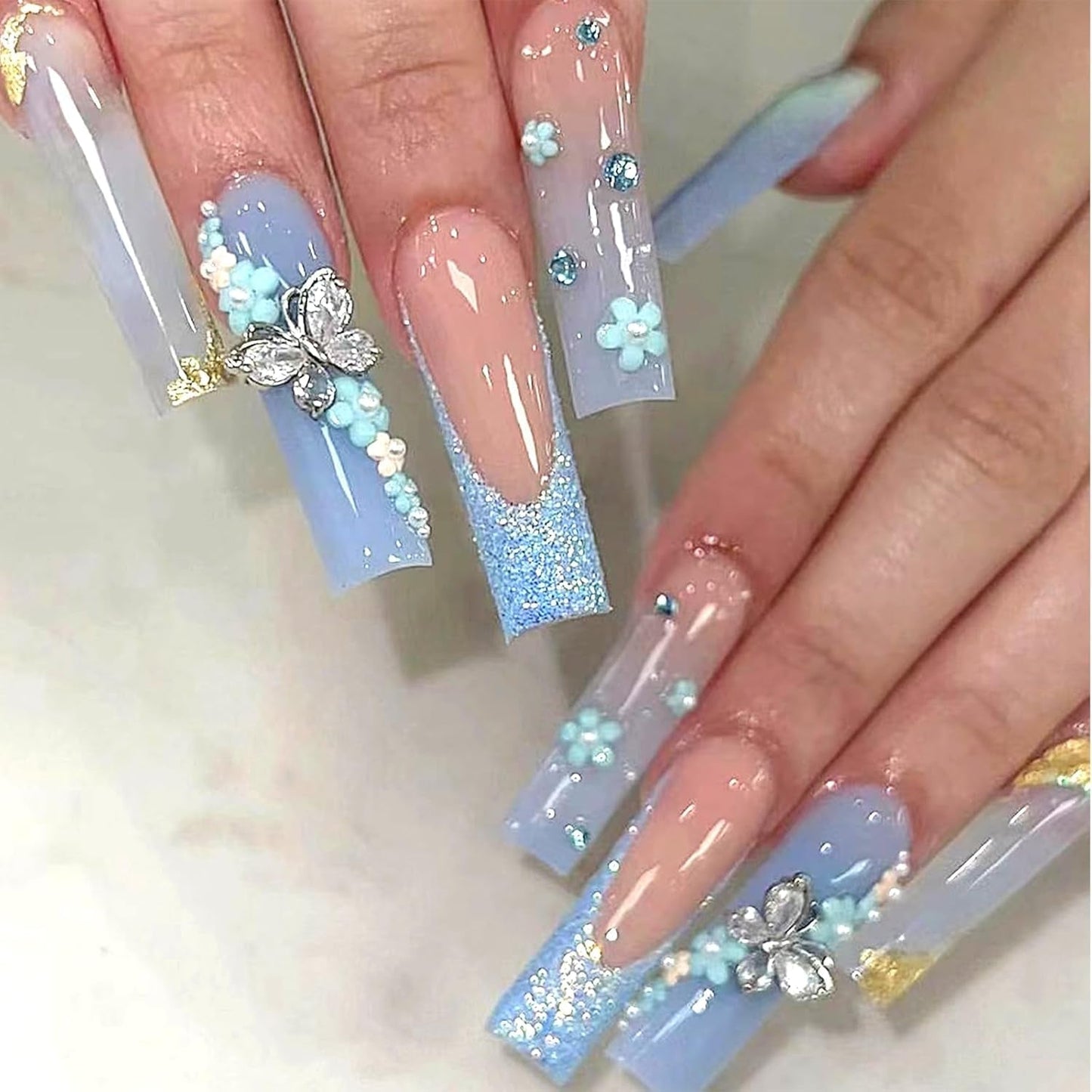 24 stuks vlinderblauwe kunstnagels vierkante druk op Franse lange glitter sprankelende strass valse nageltips