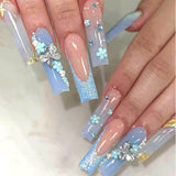 24 stuks vlinderblauwe kunstnagels vierkante druk op Franse lange glitter sprankelende strass valse nageltips