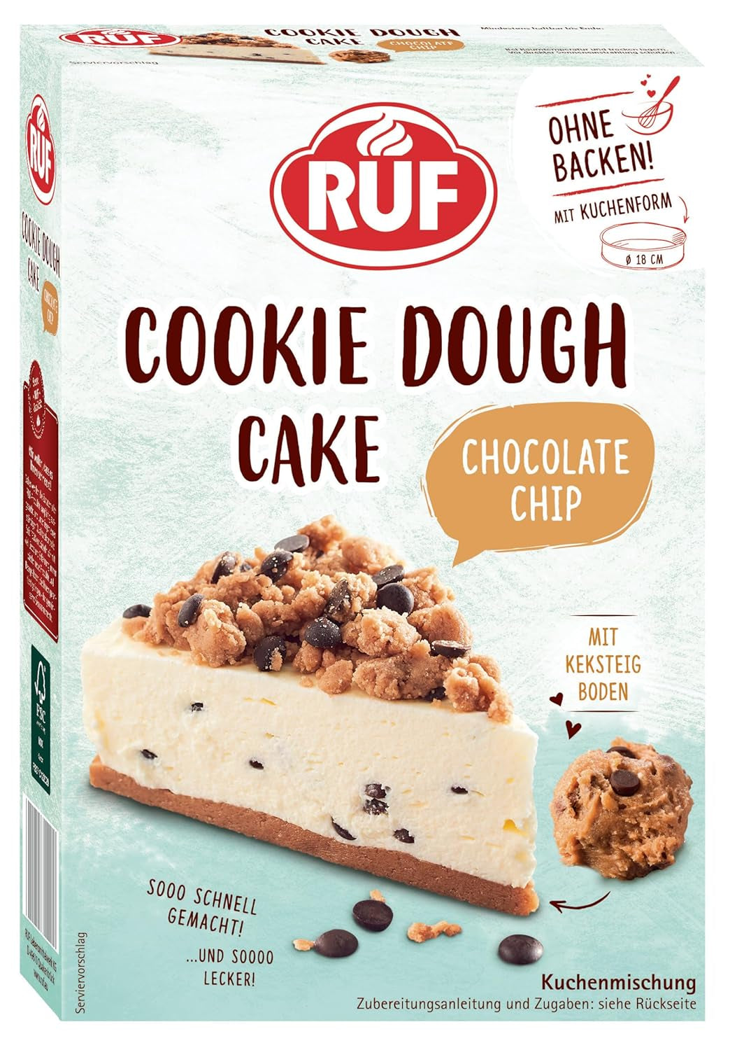 RUF Cookie Dough Cake Ohne Backen, Tortenboden Aus Keksteig Mit Frischkäse-Creme en Schokoladenstückchen, Inkl. Kuchenform, 1X325G Mengsel voor bakken en koken Naty Shop 325 G (1Er Pack) Koekjesdeegcake