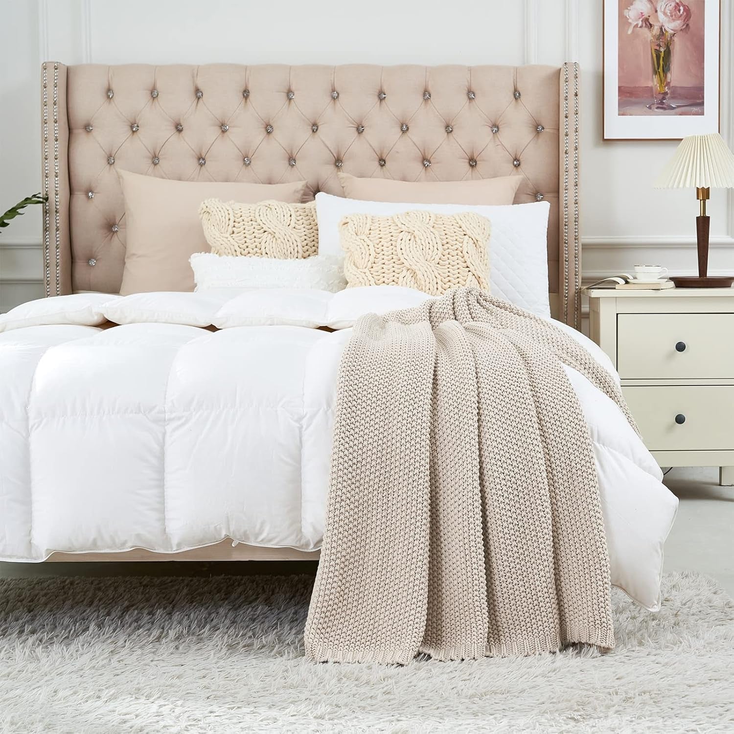 Grof gebreide deken, Lichtgewicht, Beige, 100% biologisch katoen, Deken voor bank, bank, bed, kind, kinderkamer, Rustiek, Shabby chic, Moderne boerderij, 152,4 X 203,2 cm, Inclusief waszak Bedden en dekens Longhui beddengoed