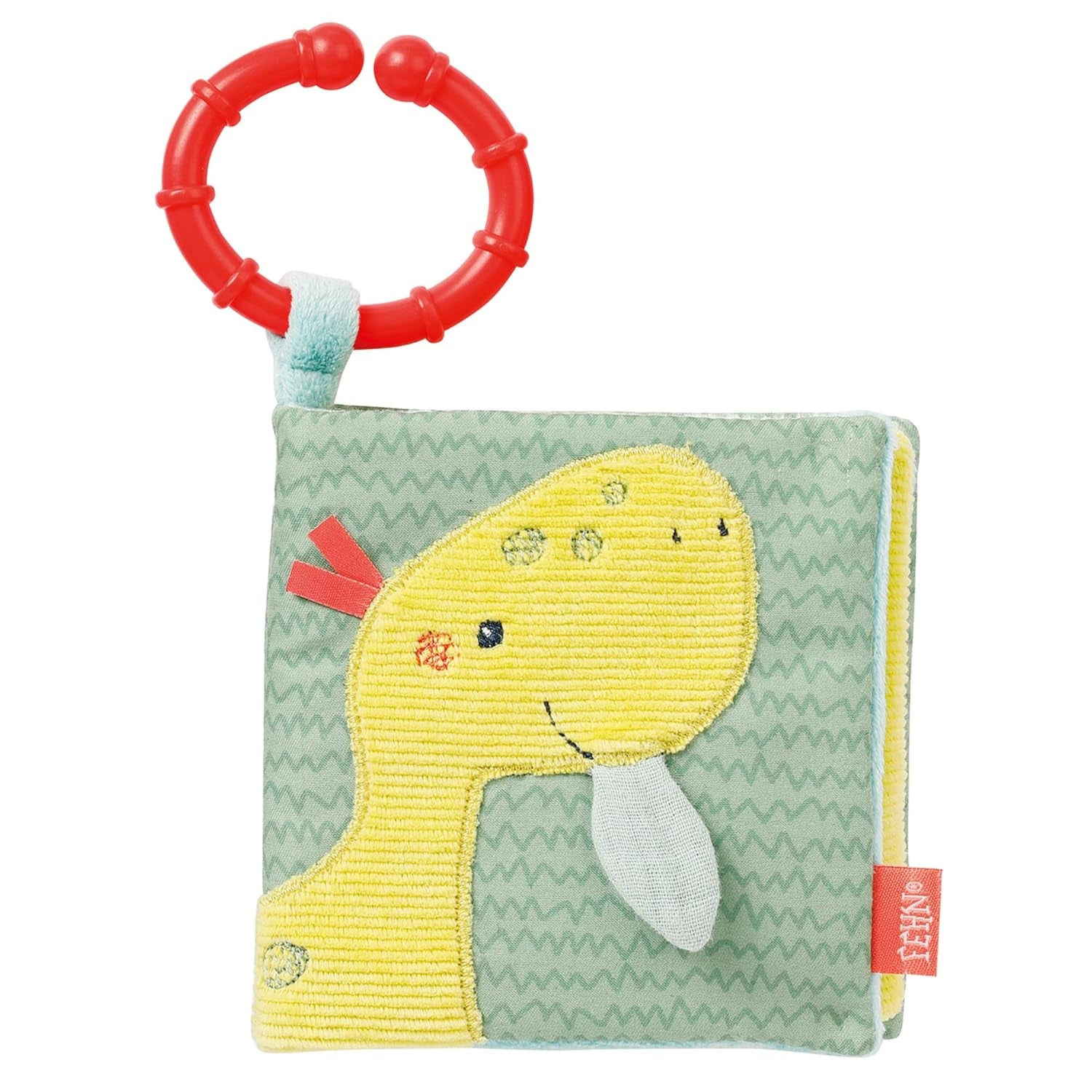 Fehn Zacht prentenboek Bruno - zacht babystoffen boek met dierenmotieven - stoffen speelgoedboek om op te hangen voor kinderwagens en autostoelen - popperboek voor baby's en kinderen vanaf 0+ maanden Babyspeelgoed Naty Shop Happy Dino