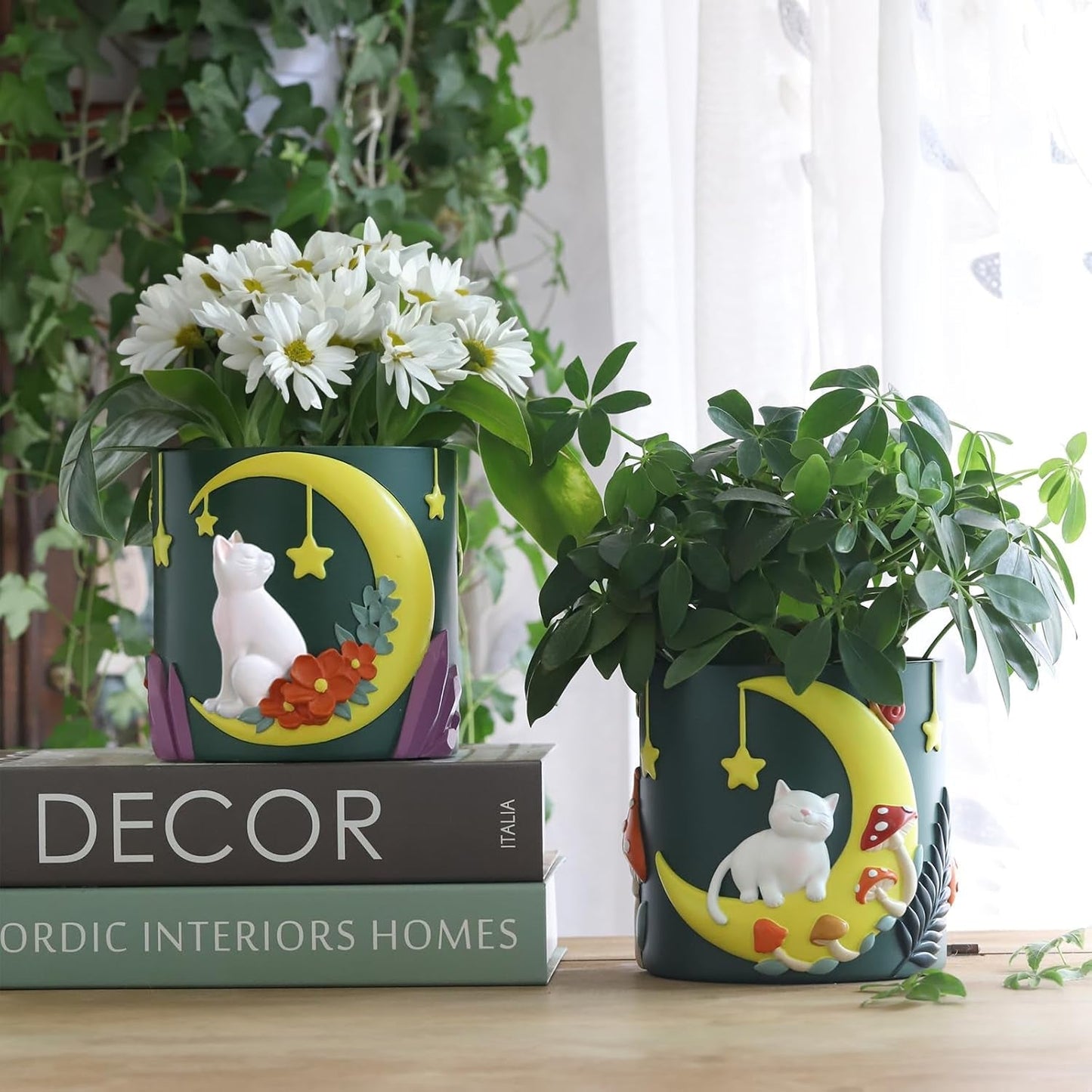 GUGUGO Leuke maankat bloempotten, unieke bloempot met drainage, regenboogkleuren, kleine kamerplantpotten, leuke succulente tuinpotten, cadeau, huisdecoratie (C)