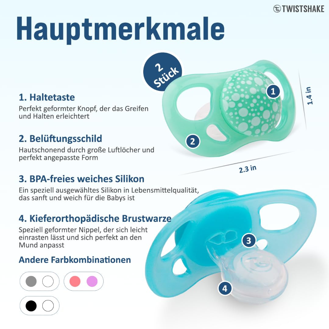 Twistshake Babyfopspenen – 2 stuks | Orthodontische vorm | Ultralicht | Zachte siliconen speen | BPA-vrij | Geschikt voor baby's vanaf 6 maanden | Blauw Groen