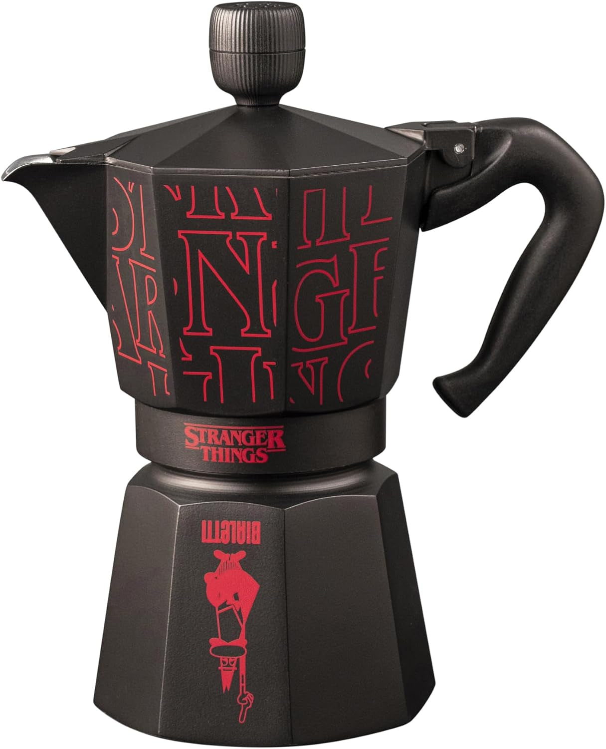 Bialetti Moka Express Stranger Things 6-kops koffiezetapparaat, muziekknop met USB-C oplaadfunctie, niet geschikt voor inductiekookplaten, 6 kopjes (270 ml), zwart