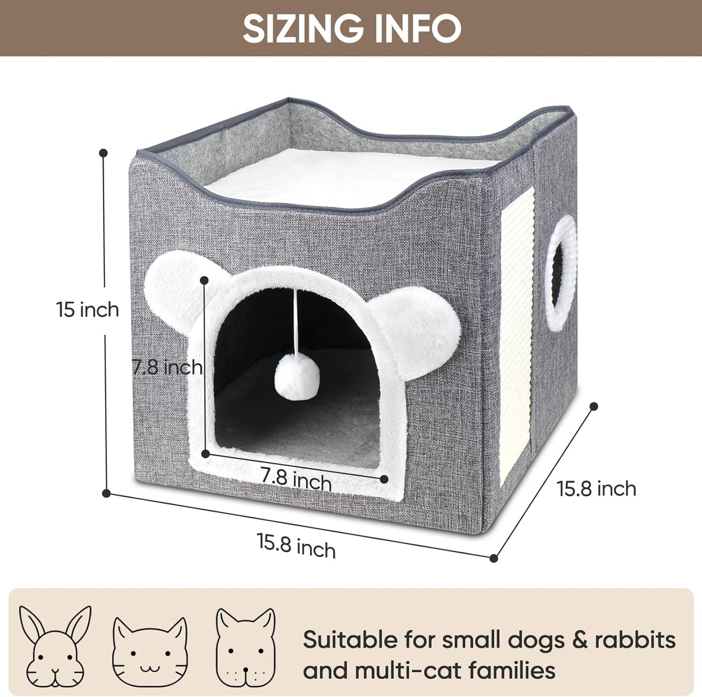 Katzenbetten voor Indoor Katzen, Faltbares Katzenhaus, Katzenhöhle 2 Schicht Würfel Großer Raum Katzenbett met Kratzbrett en Spielball, 15,8 x 15,8 x 15 inch