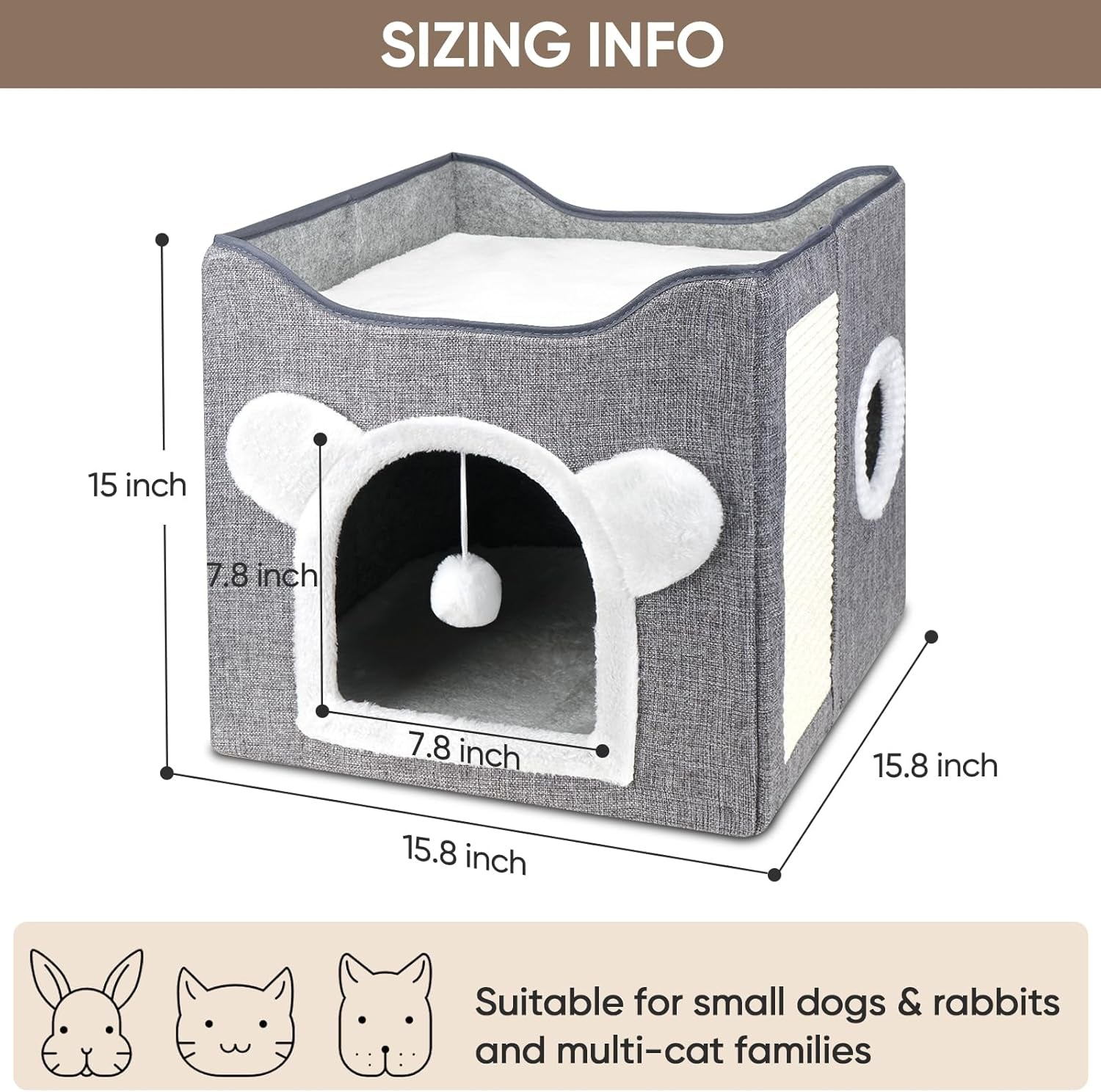 Katzenbetten voor Indoor Katzen, Faltbares Katzenhaus, Katzenhöhle 2 Schicht Würfel Großer Raum Katzenbett met Kratzbrett en Spielball, 15,8 x 15,8 x 15 inch
