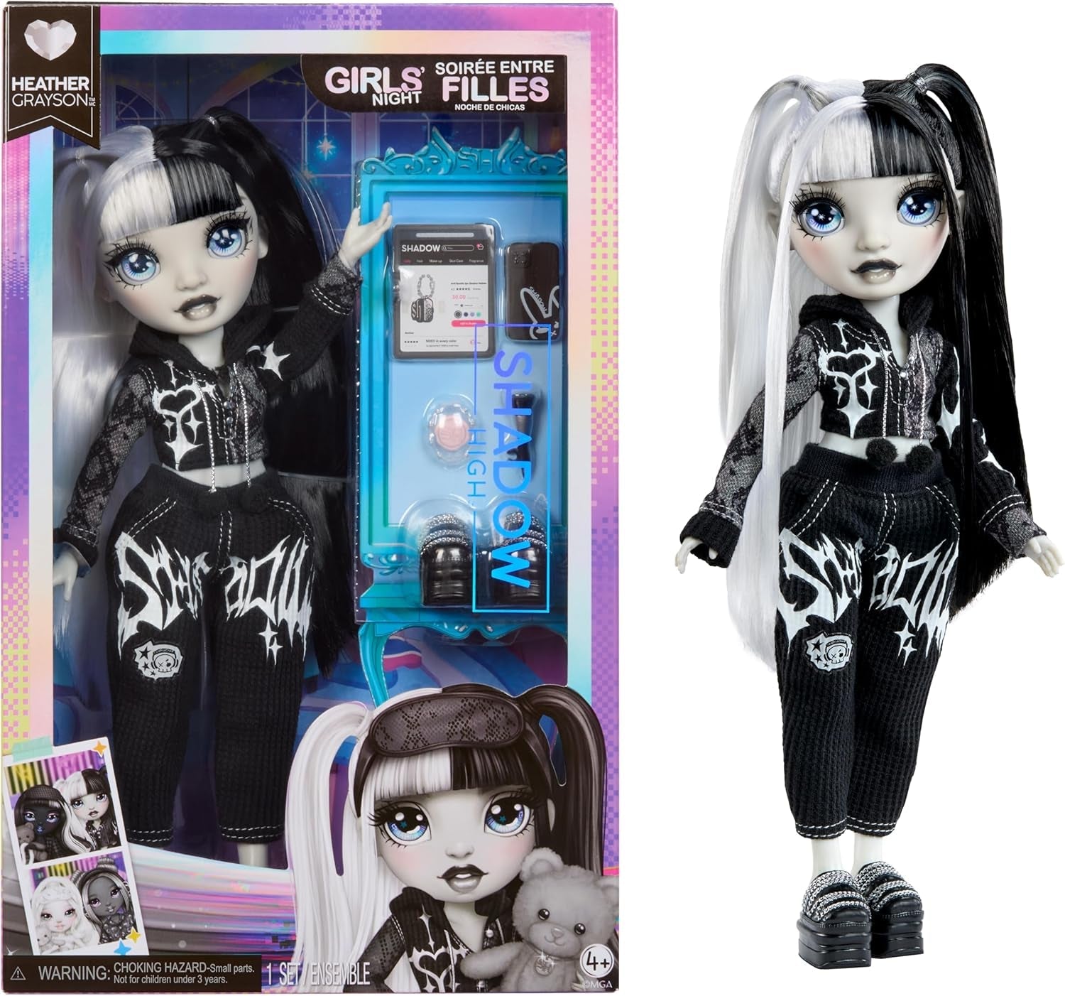 Girls Night Rainbow High Shadow High - Heather Grayson - 28 cm modepop in grijstinten, zwart en wit haar en outfit met accessoires en kam - Voor verzamelaars en kinderen vanaf 6 jaar