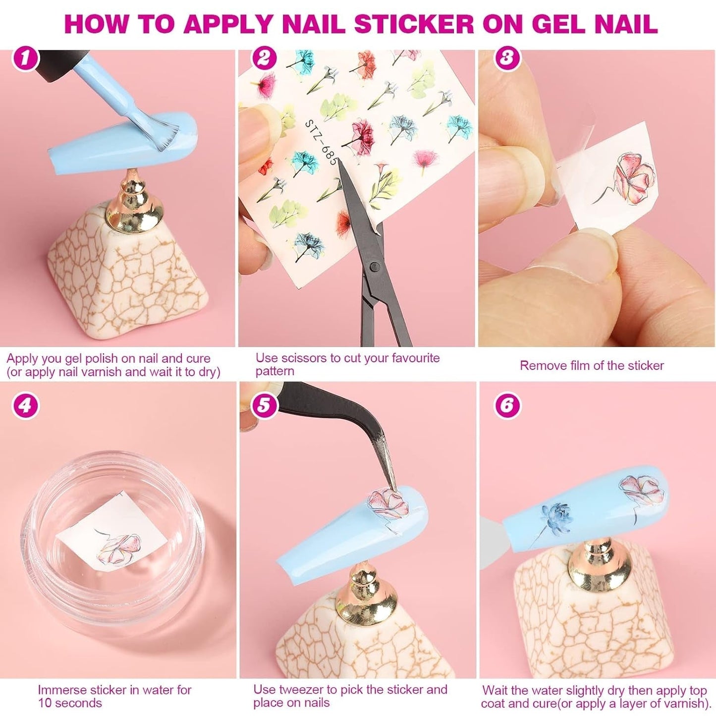 FANDAMEI 54 Blätter Wassertransfer Nagelsticker & Nail Art Pinsel Set, Dotted Pennen, Blattgold voor Nagelkunst, Streifenband, Strasssteine, Werkzeug en Decoratieset voor Nagelkunst Maniküre Set