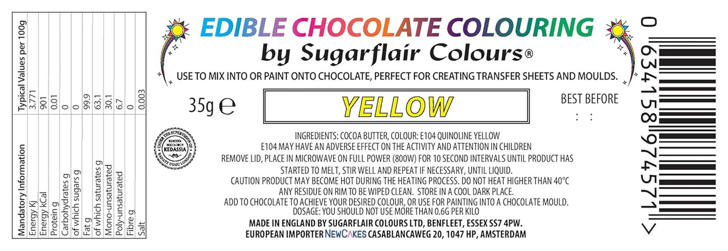 Kleurstof Sugarflair Chocolate Gele voedingskleurstof voor chocolade - Gekleurde biologische cacaoboter, chocoladekleuring voor het kleuren van chocolade, pralines - 35g