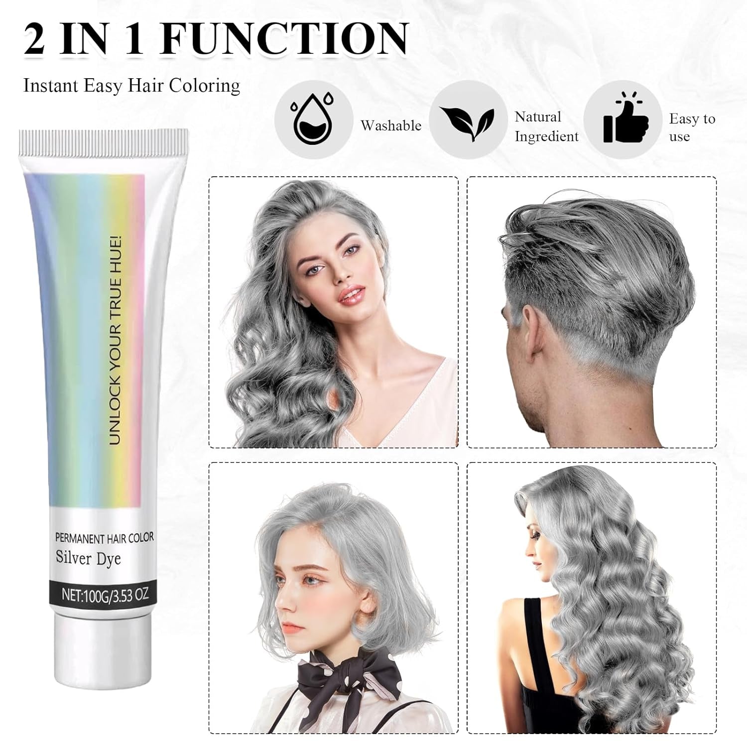 Haarverf Grijs Zilver Natuurlijk Zilvergrijs Haarverf Crème, Grijs Haarverf Crème Zilvergrijs, Zilvergrijs Natuurlijk Haarverf Crème Grijs Haarverf voor alle haartypes met 1 Hoofdhuid Massager (100ml) Haarverf Naty Shop