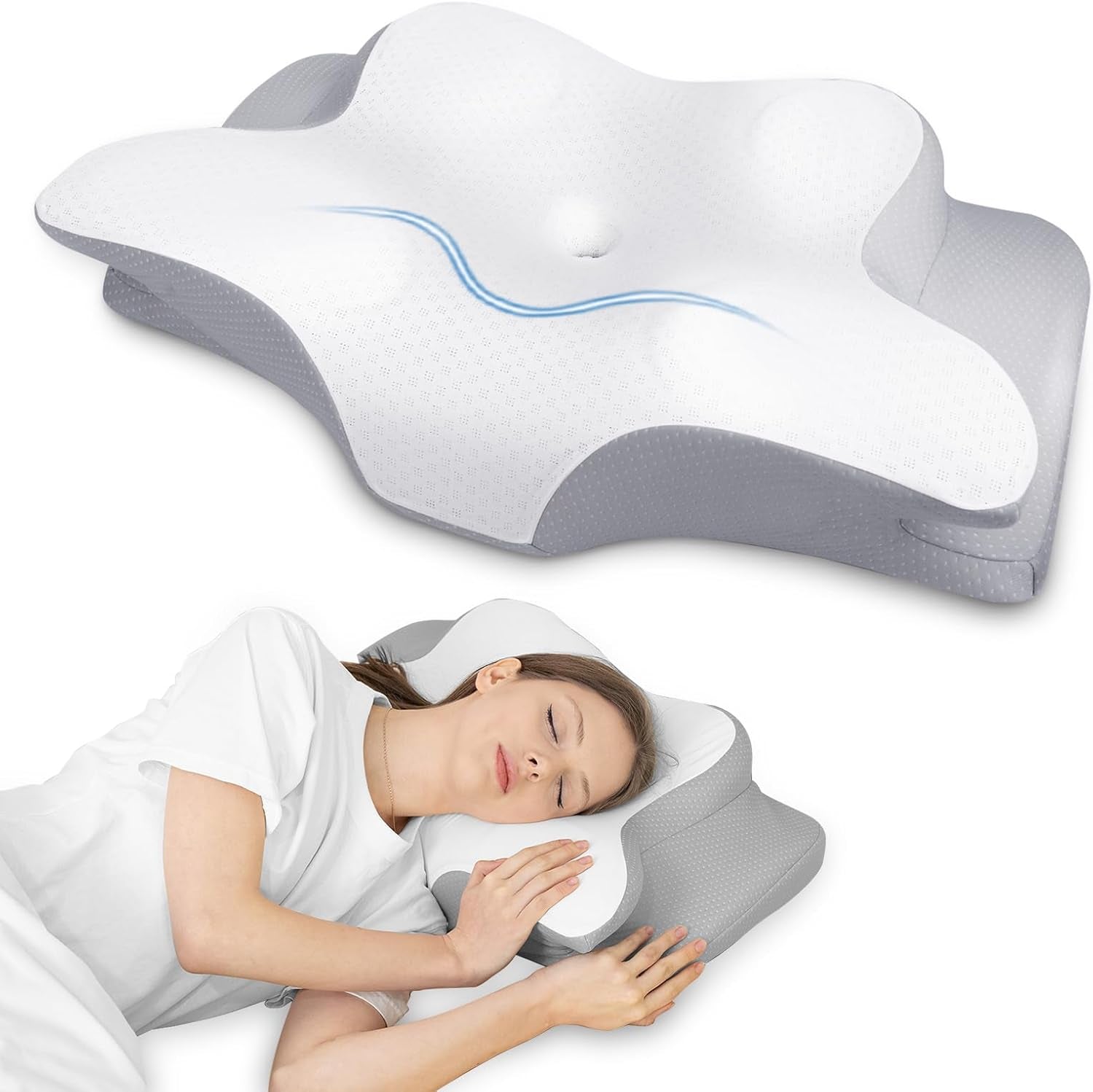 HOMCA nekkussen kussen, traagschuim ergonomisch kussen 3D koelkussenhoes voor rug-, zij- of buikligging, 62 x 41 x 9,5/12,5 cm cervicale orthopedische kussens Naty Shop grijs
