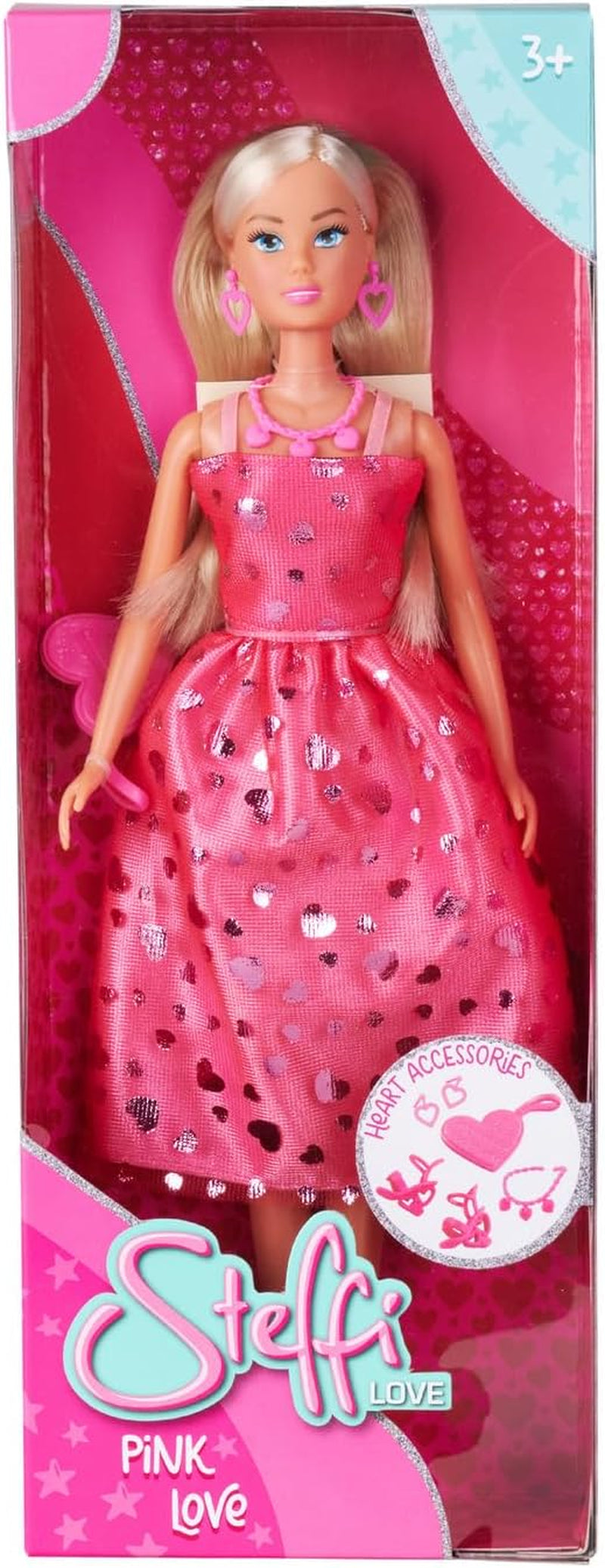 Simba Steffi Love Pink Love – Enkellaarsje in roze Glitzerkled, inkl. Zubehör in Herzform, 29 cm bruto, Modepuppe für creatieves Rollenspiel, voor Kinder ab 3 Jahren