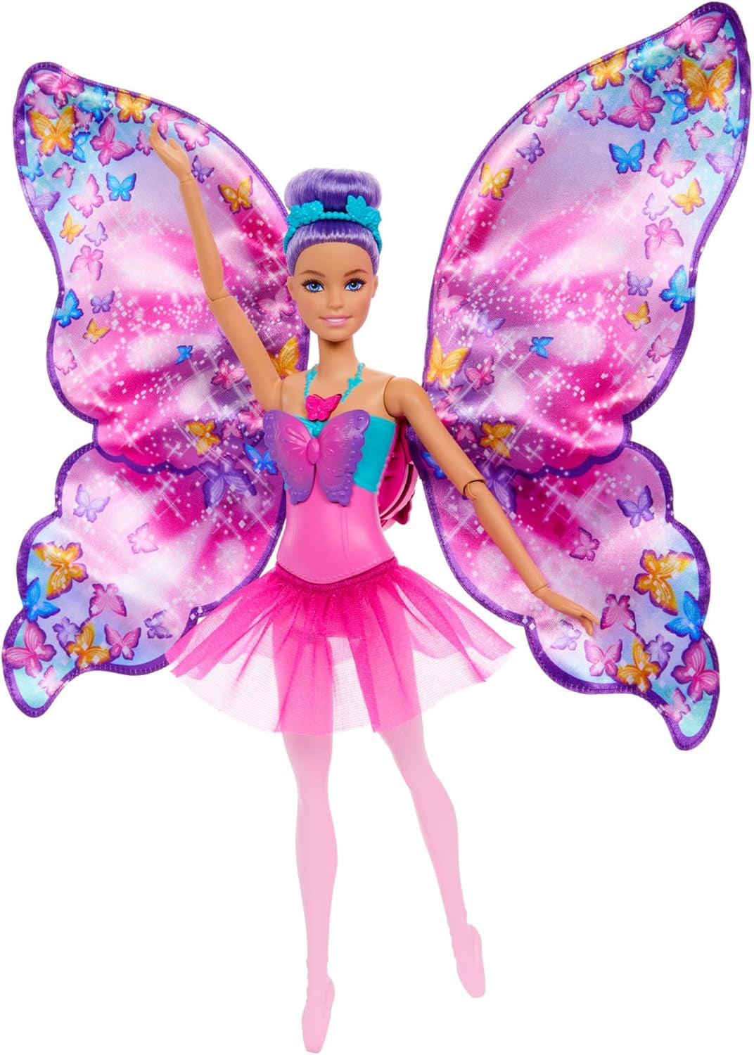 Barbie Dance And Flutter 2-in-1 transformatiepop van danseres tot vlinder met openslaande vleugels, paars haar, haarsieraden en afneembare tutu, HXJ10 Naty Shop-poppen Standaardtitel