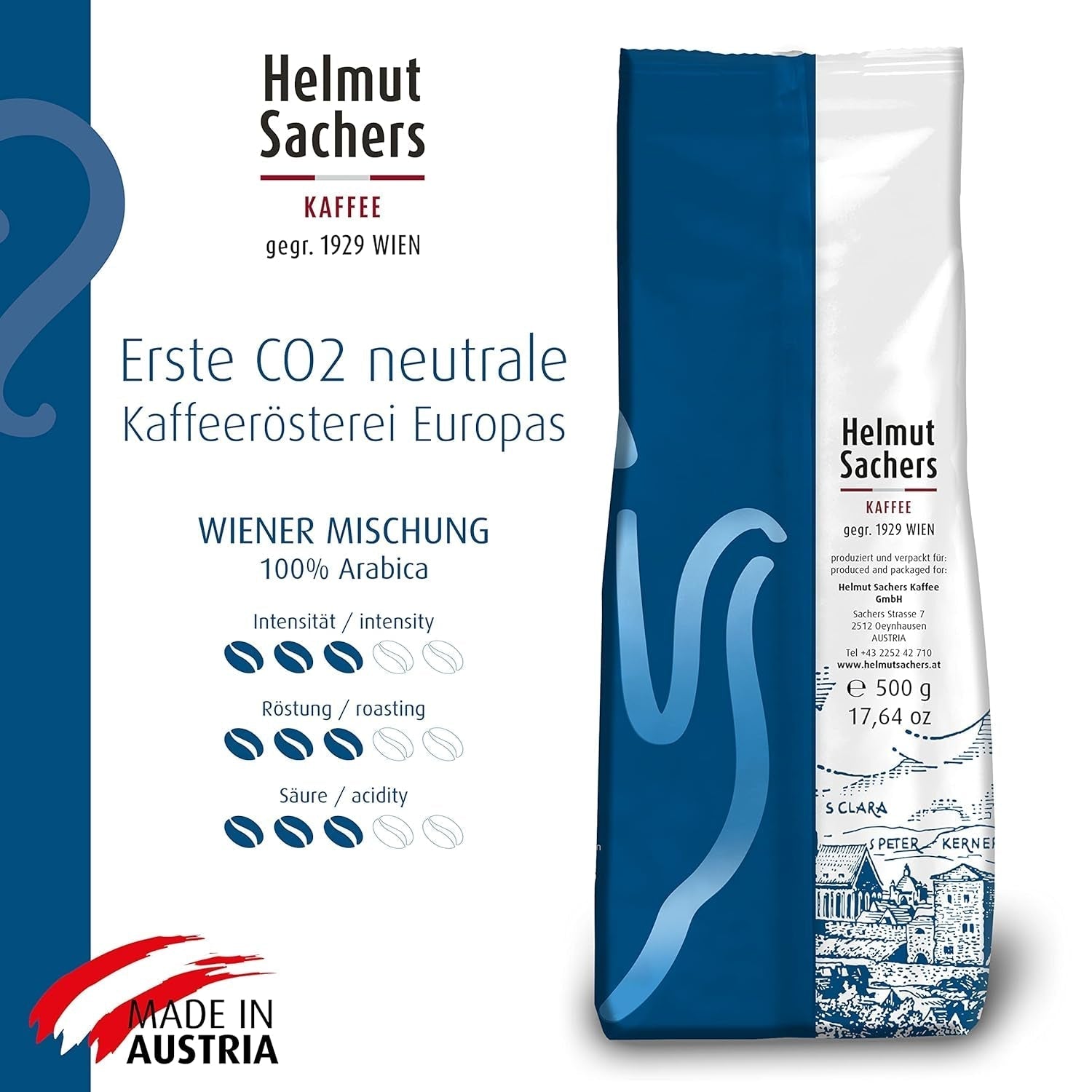 Helmut Sachers Kaffee - Weense melange, sterkte 3/5, 100% Arabica, hele koffiebonen, 6 X 500G Naty Shop